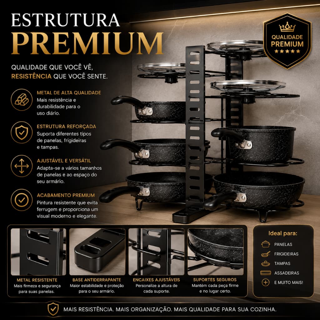Organizador de Panelas Ajustável em Metal Porta Panelas Frigideiras Tampas para Armário Cuisine Élite