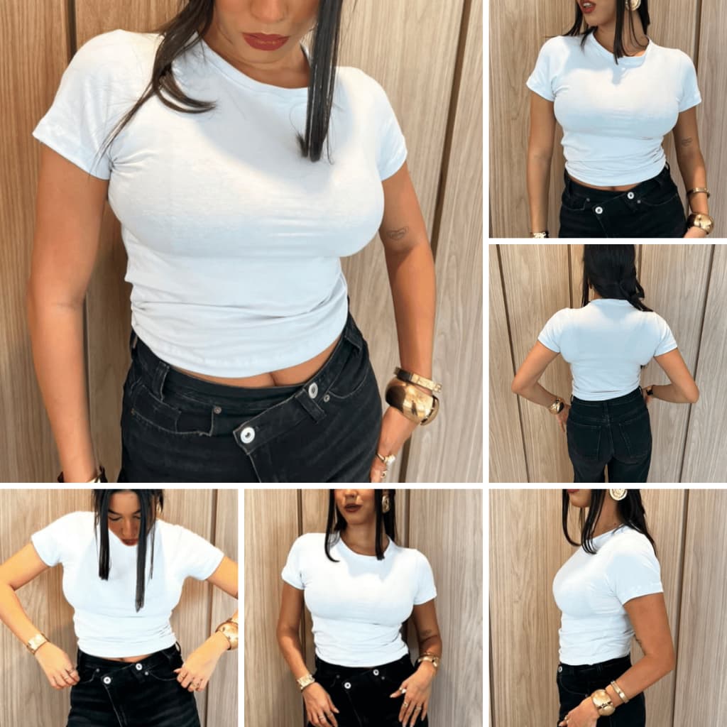 Kit 2 Camiseta Baby Tee Feminina Básica Manga Curta Gola Redonda Malha Peruana