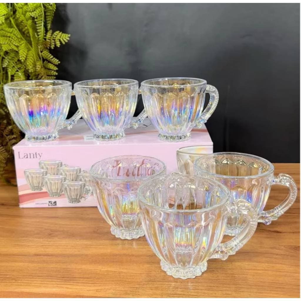 Xícaras de Chá Café 200ml Itália Rainbow Ambar Jogo 6 Peças Canecas Cristal Brilhante Luxuoso Rose