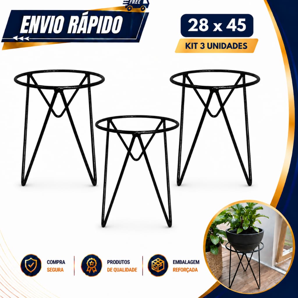 Kit suporte Para Vasos de Plantas em Ferro Tripé 28x45cm Decorativo