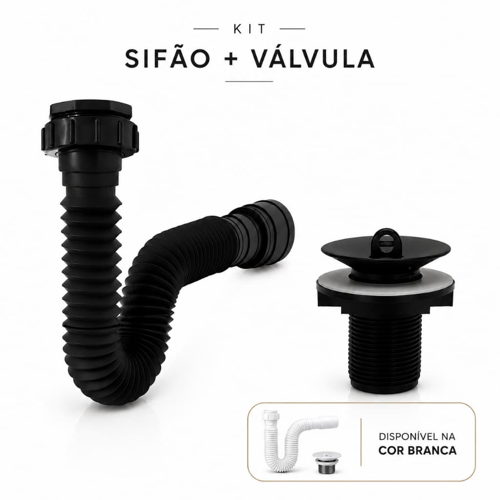 Kit Sifão Sanfonado Universal + Válvula Para Pia Banheiro Lavatório Preto ou Branco