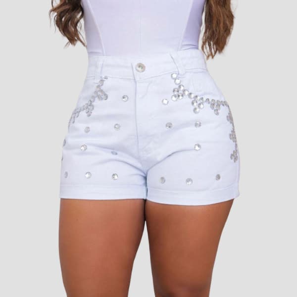 Short Jeans Branco Cintura Alta Feminino Strass Lateral Barra Dobrada Design Fashion Moderno