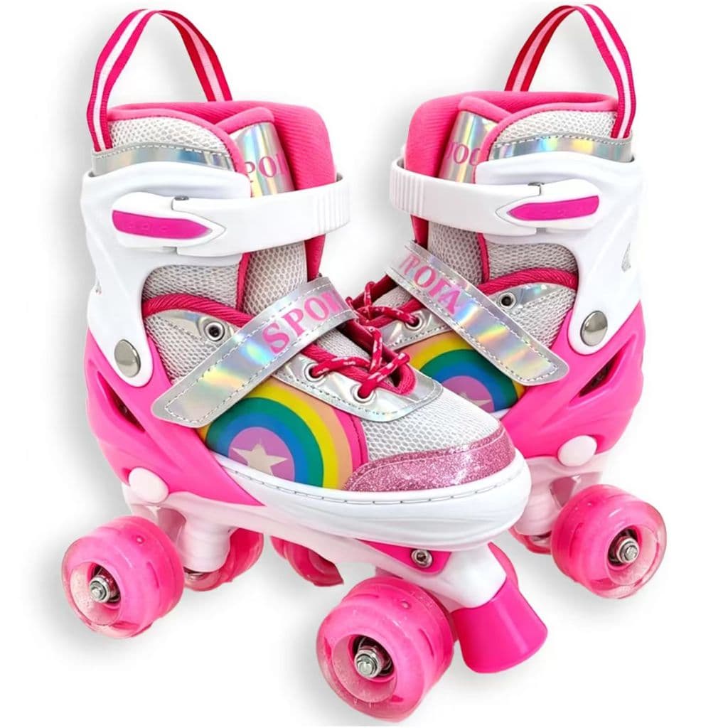 Patins Infantil 4 Rodas Meninas Com LED Patins Quad Rosa arco-iris Criancas