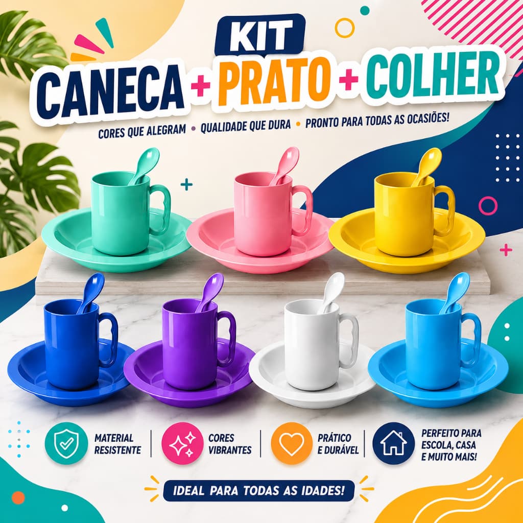 1 Kit merenda refeição escolar casa caneca prato colher infantil idoso