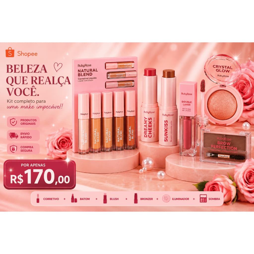 Kit Maquiagem Completo Ruby Rose + Melu | Corretivo + Batom + Blush + Bronzer + Iluminador + Sombra