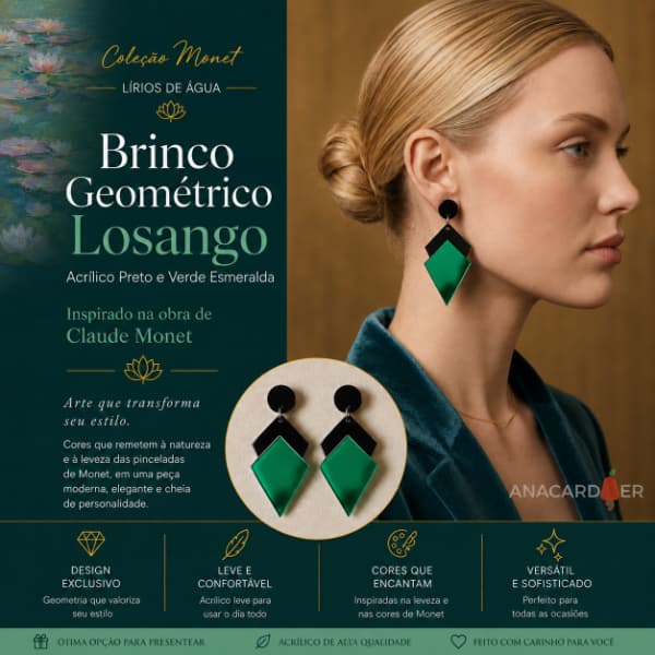 Brinco Geométrico Losango Acrílico Preto e Verde Esmeralda Espelhado | Coleção Monet| Inspirado em Lírios de Agua