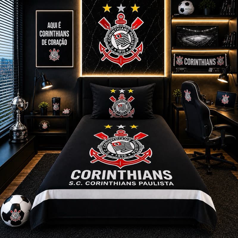 Lençol Solteiro Corinthians Estampado 1,50x2,20 + Fronha 50x70 | Oxford 100% Poliéster