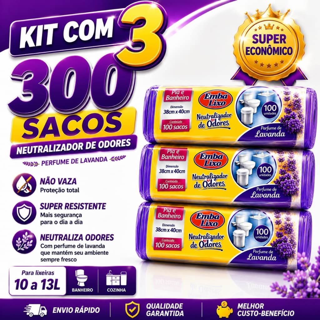 300 Sacos De Lixo Embalixo Antiodores Para Pia Banheiro Perfumado Lavanda 10 a 15L