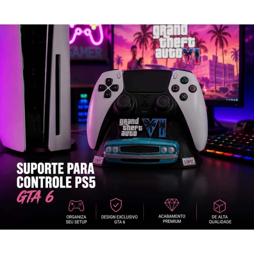 Suporte de Controle Videogame PS5 – Edição Jogo GTA VI (Temático Grand Theft Auto VI)