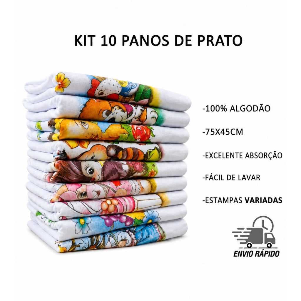 Pano De Prato Estampado Bainha Kit Com 10 Peças