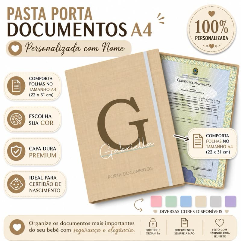 Pasta Porta Documentos Personalizada A4 com Nome | Certidão de Nascimento | Organizador de Documentos Bebê Infantil