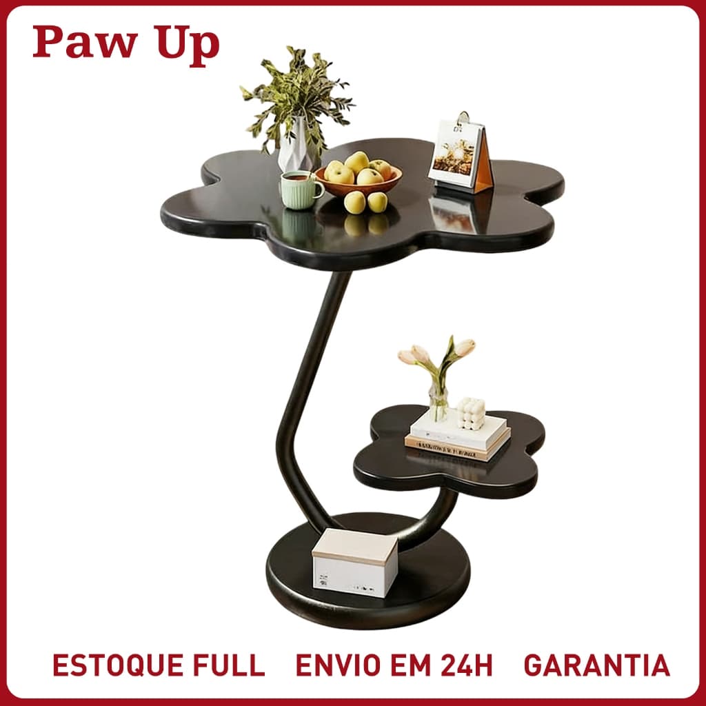 Mesa de Café Lateral Formato Flor 2 Prateleiras Redonda Moderna para Sala de Estar Quarto Escritório