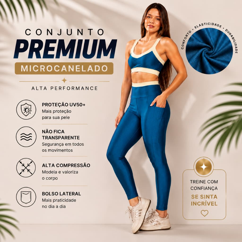 Conjunto Fitness Feminino Microcanelado Premium UV50+ Calça com Bolso Alta Compressão Não Transparente