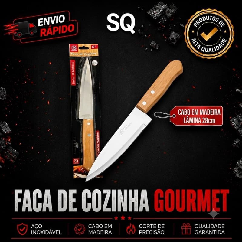 Faca Cozinha Cabo de Madeira Aço Inox Corte Preciso Churrasco Carnes Legumes Multiuso