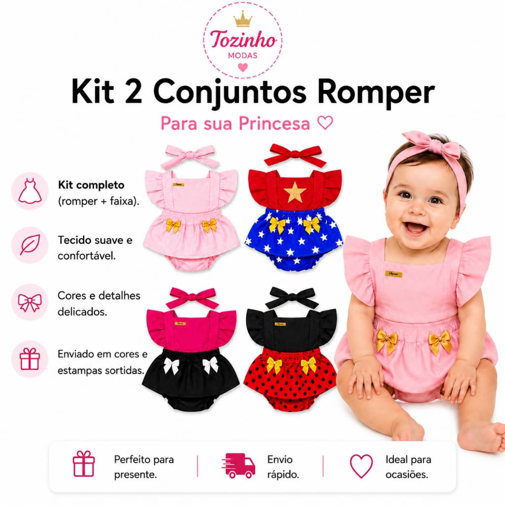 Kit 2 Conjuntos Jardineira Romper Bebê Menina Infantil Cores Sortidas 6-9 meses