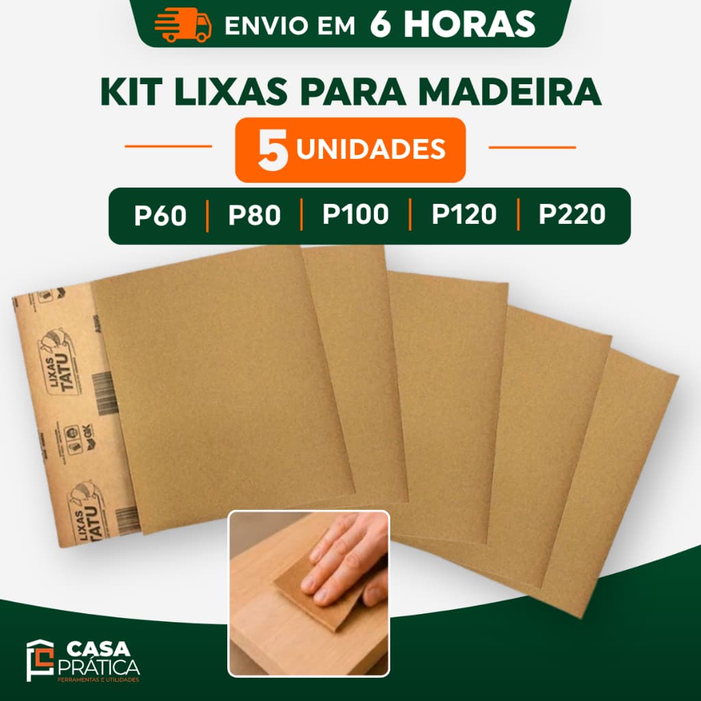 Kit 5 Folhas De Lixa Para Madeira Mdf Compensados Marceneiro Artesanato Grao 60 80 100 120 220