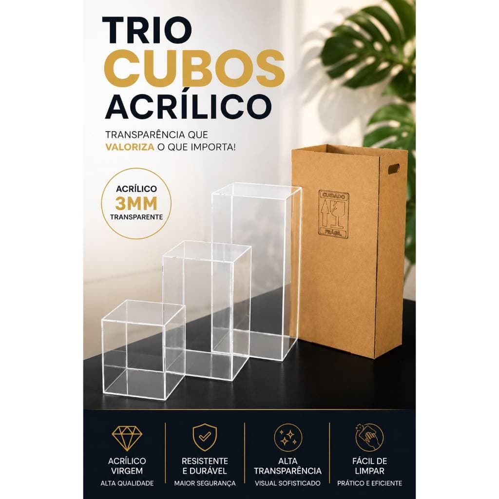 Cubos de Acrílico Transparente (Kit com 3) + Caixa de MDF para Levar e Guardar | Ideal para Decoração de Eventos