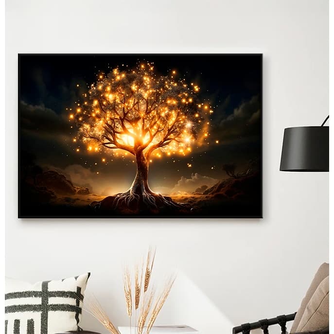 Quadro sem Vidro Paisagem Árvore da Vida Iluminada à Noite Quadro Decorativo