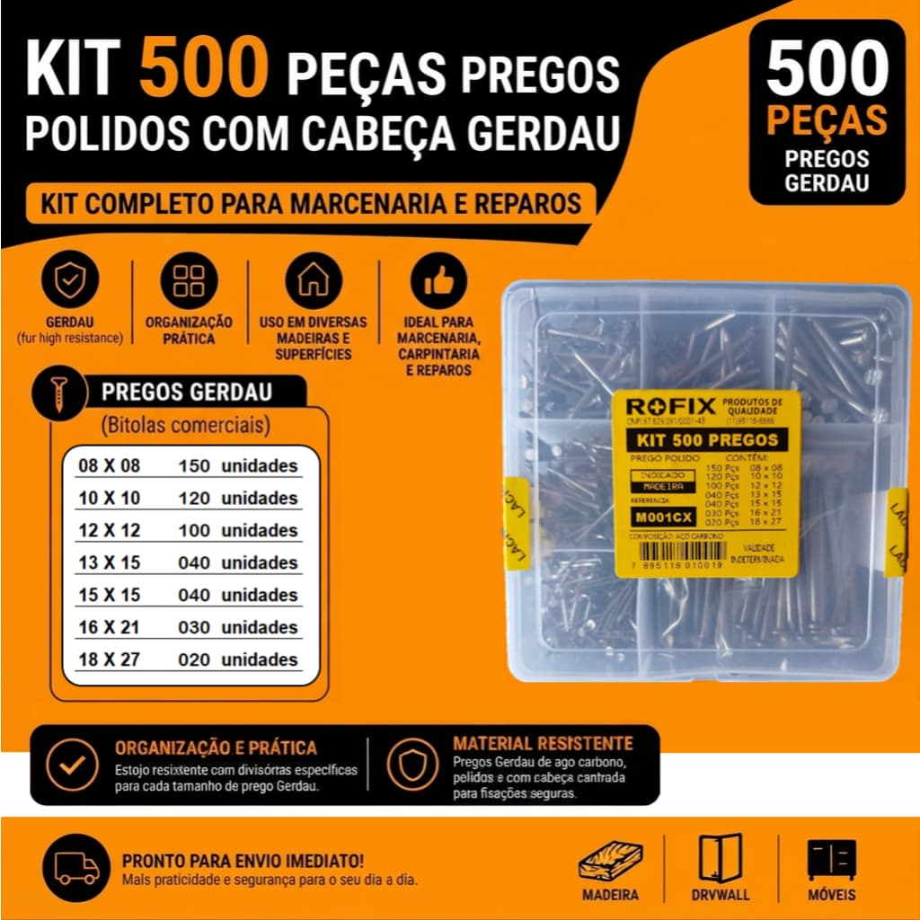 Kit 530 Pregos Polidos Com Cabeça e Caixa Organizadora, do 8x8 ao 18x27
