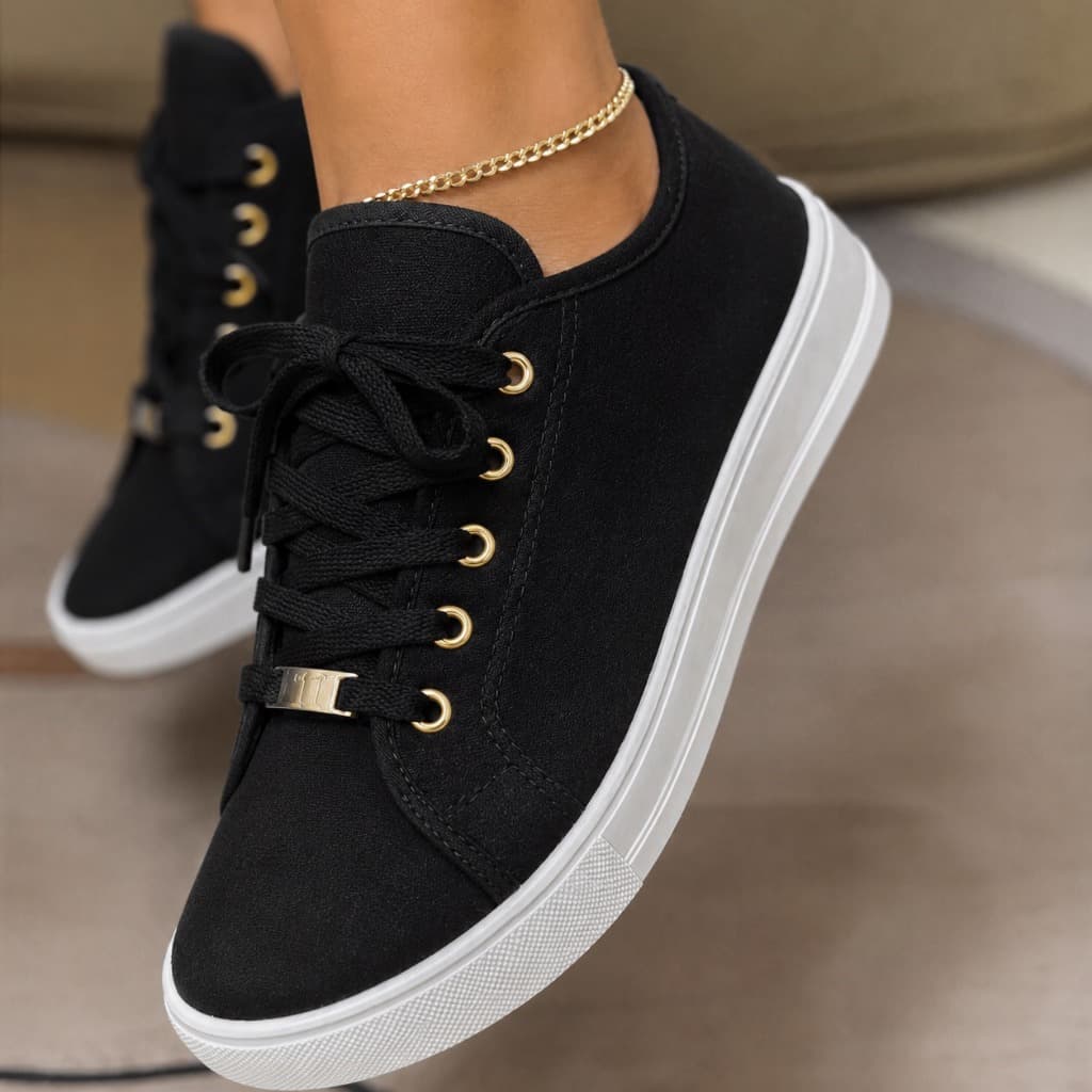 Tênis Feminino Casual Preto Sapatênis Confortável Leve Macio