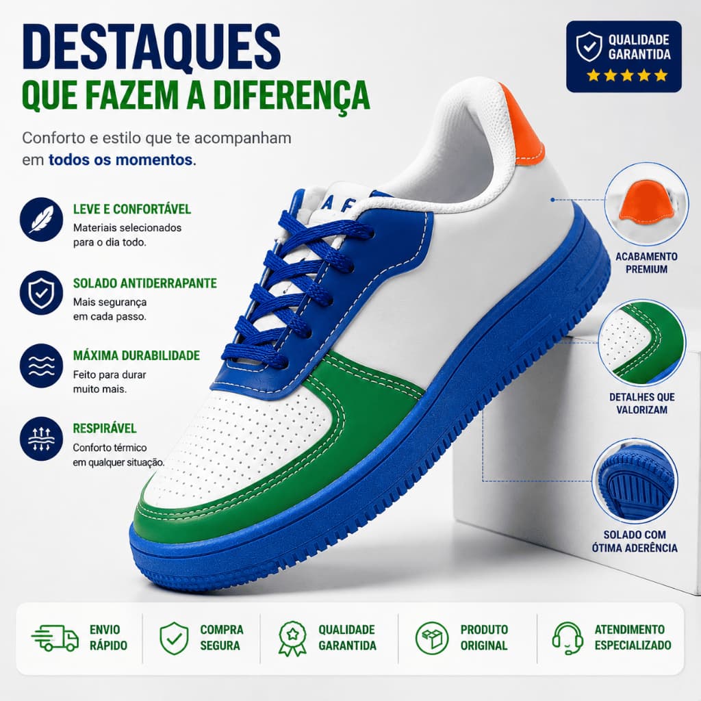 Tênis Masculino Casual Fashion Plataforma Branco Azul Verde Laranja Confortável Uso Diário Leve
