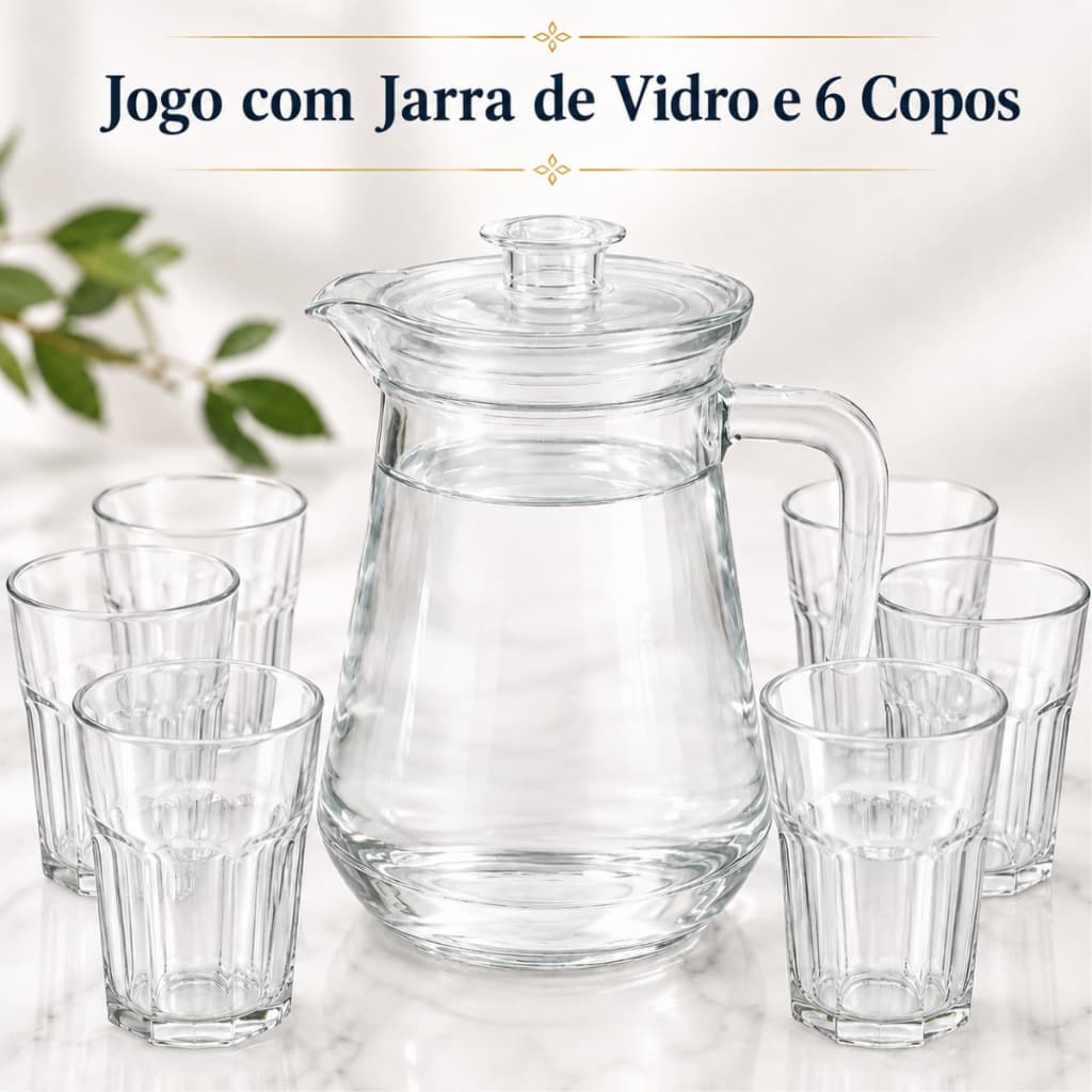 Kit Jarra De Vidro Com Tampa 1,5l + 6 Copos 350ml Suco Água