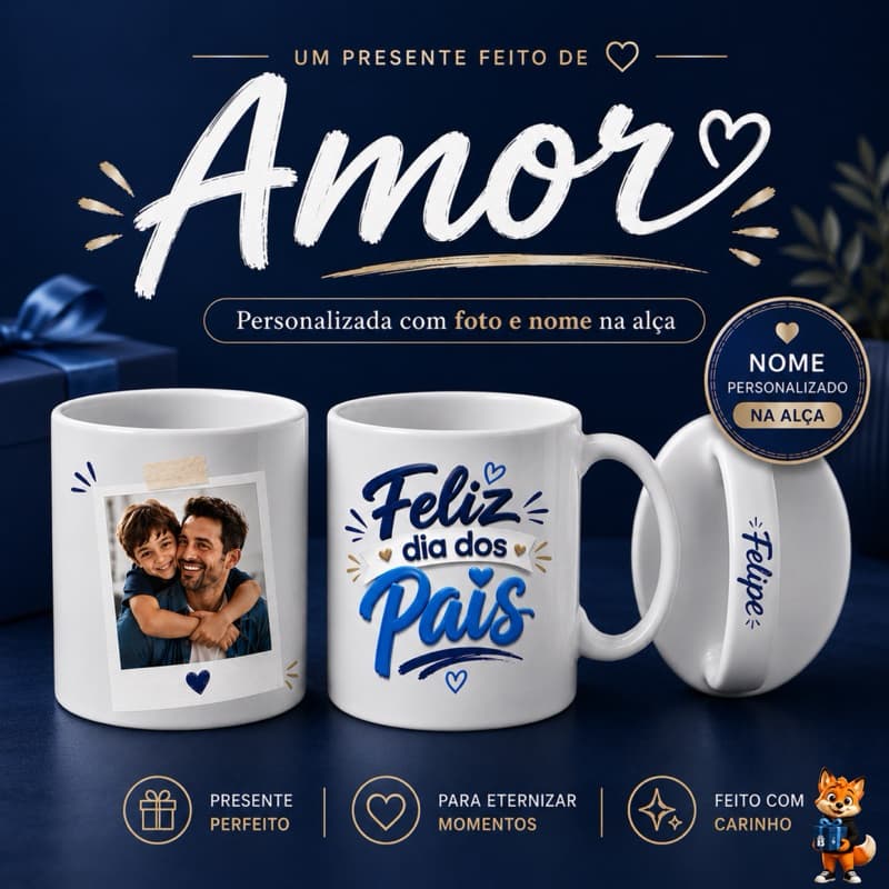 Caneca Personalizada Dia dos Pais com Foto e Nome na Alça | Presente para Pai | Caneca de Porcelana 325ml