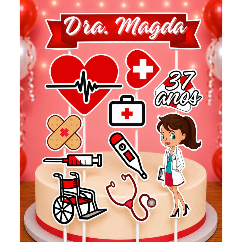 Topo de Bolo Topper Personalizado com Nome e Idade - Profissão Médico Médica ENVIO RÁPIDO
