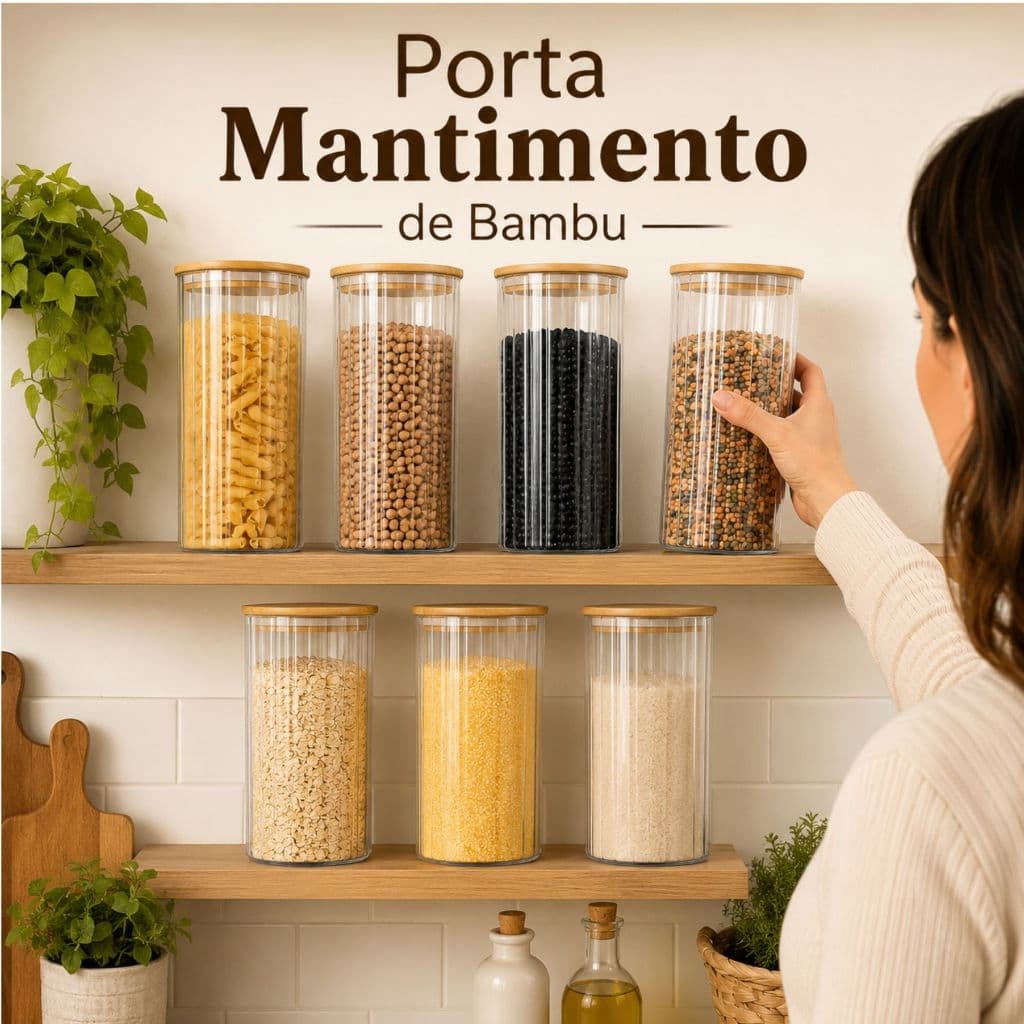 Kit Pote de vidro hermético com tampa de bambu1400Ml Porta mantimentos condimento cozinha