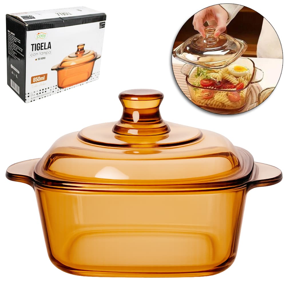 Tigela De Vidro Âmbar Quadrada Com Tampa 850ml