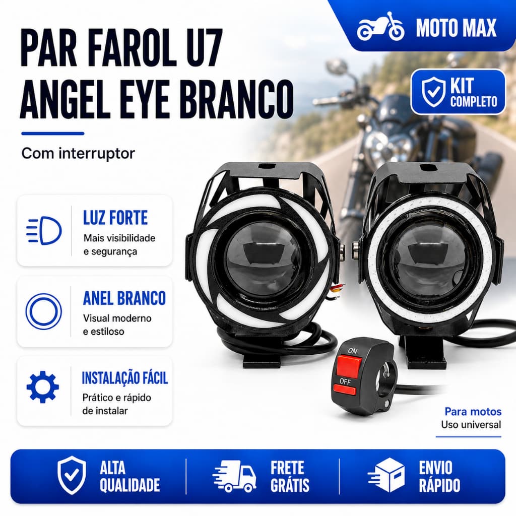 Par Farol Auxiliar LED U7 Moto Neblina Forte Potente 12V Universal Alto Desempenho Com e Suporte Universal（Kit 2）