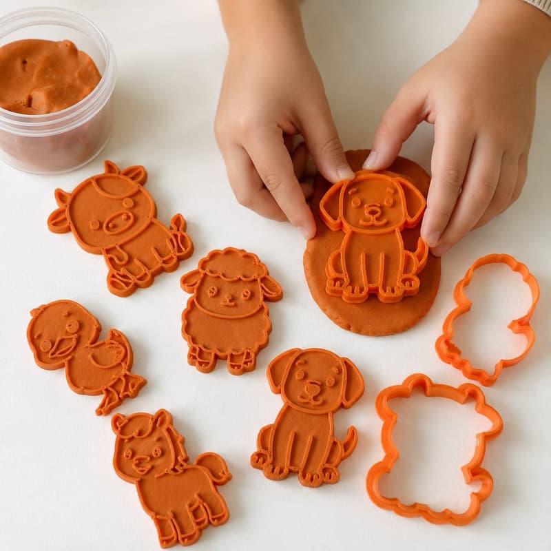 Kit Cortadores e Carimbos Animais Fazendinha + Massinha Modelar | Brinquedo Educativo Pedagógico
