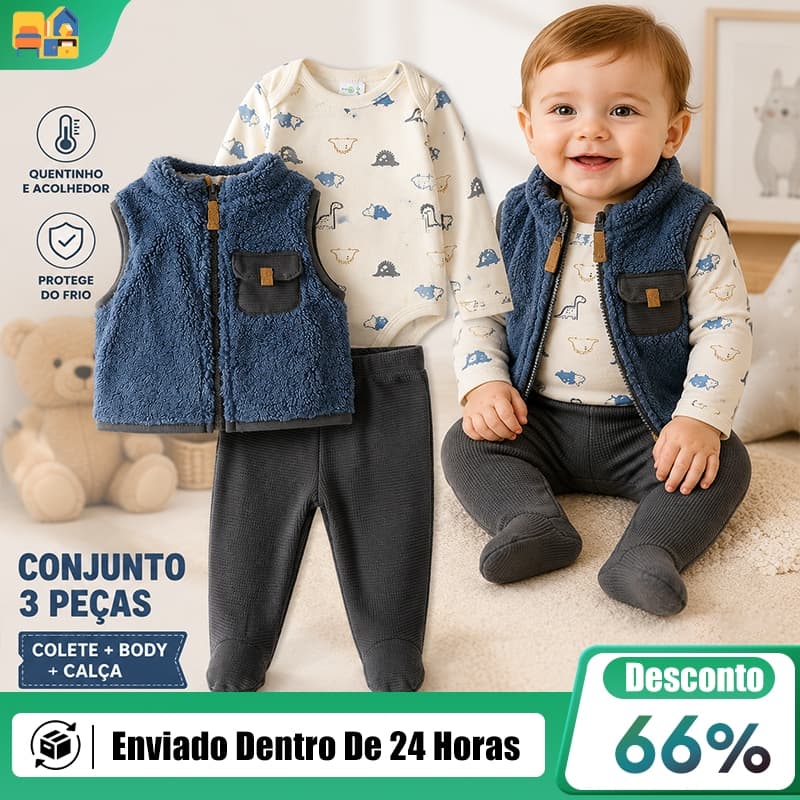 Roupa De Bebê Conjunto 3 Pçs Calça Body E Colete Forrado Infantil Masculino Quentinho