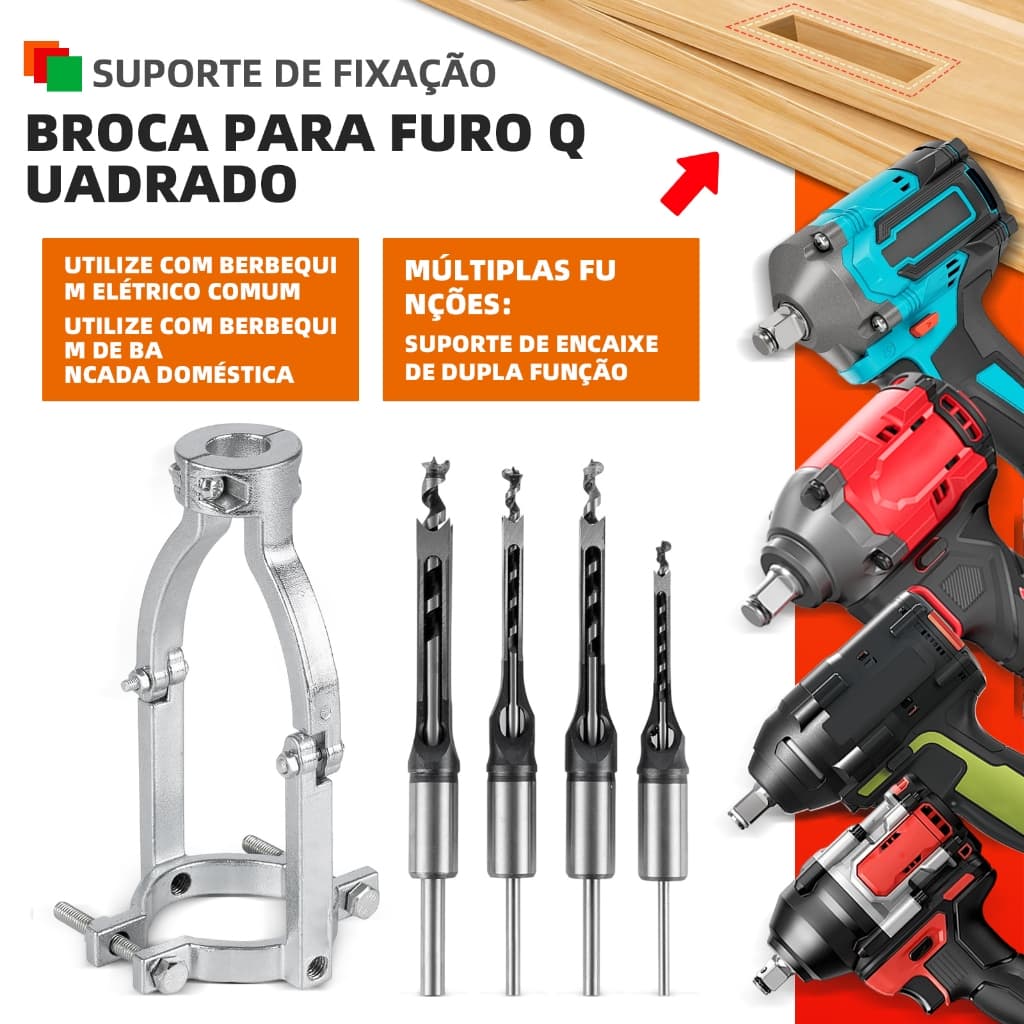 Kit Novo com 5 Brocas de Furo Quadrado + Suporte Fixo e Adaptador para Furadeira de Bancada