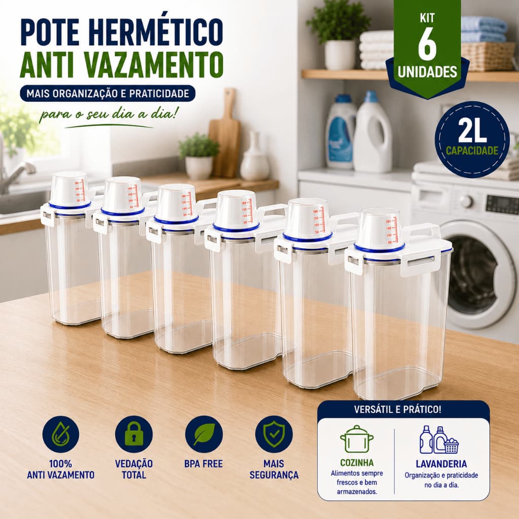 - Kit 6 Potes Organizador Hermético 2L para Arroz Feijão Café Sabão em Pó Ração Pet com Copo Medidor