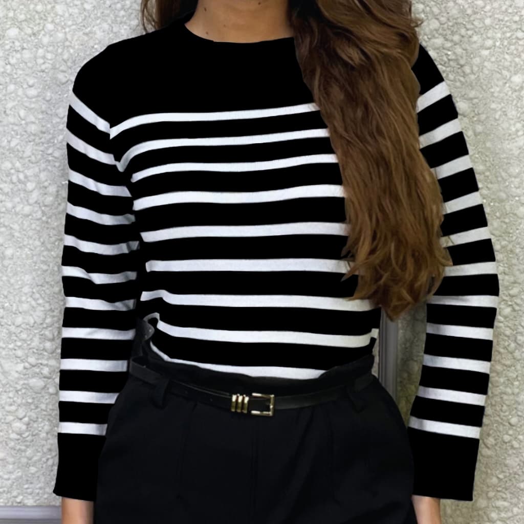 Blusa Feminina De Frio Tricot Modal Listrado Manga Longa Suéter Inverno Casual