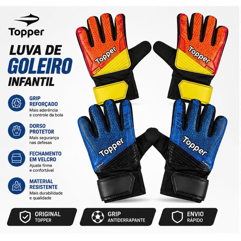 Luva Goleiro Infantil Topper Original com Velcro Grip Reforçada Futebol Campo Tam 5/6/7