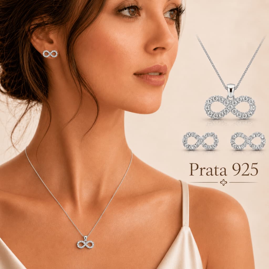 Conjunto Colar e Brincos Feminino Prata 925 Pingente Infinito Strass