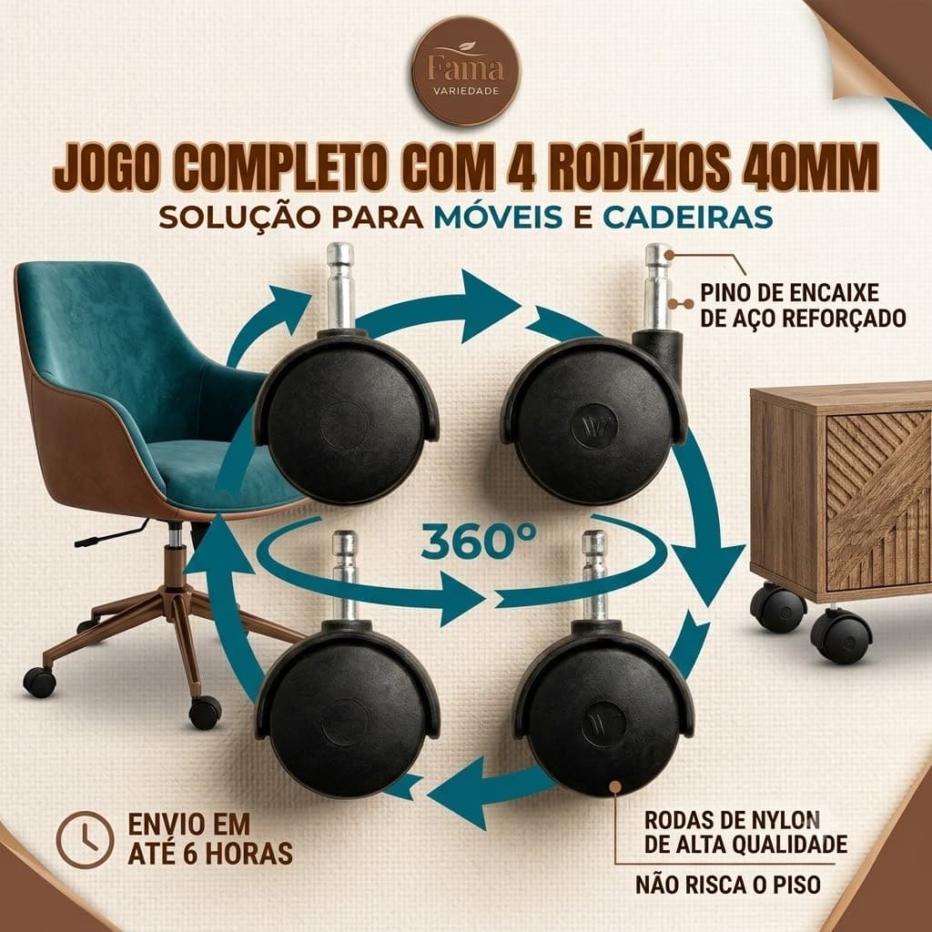 Rodízio 40mm Pino Jogo 4 Rodinhas Substituição Cadeira Móvel