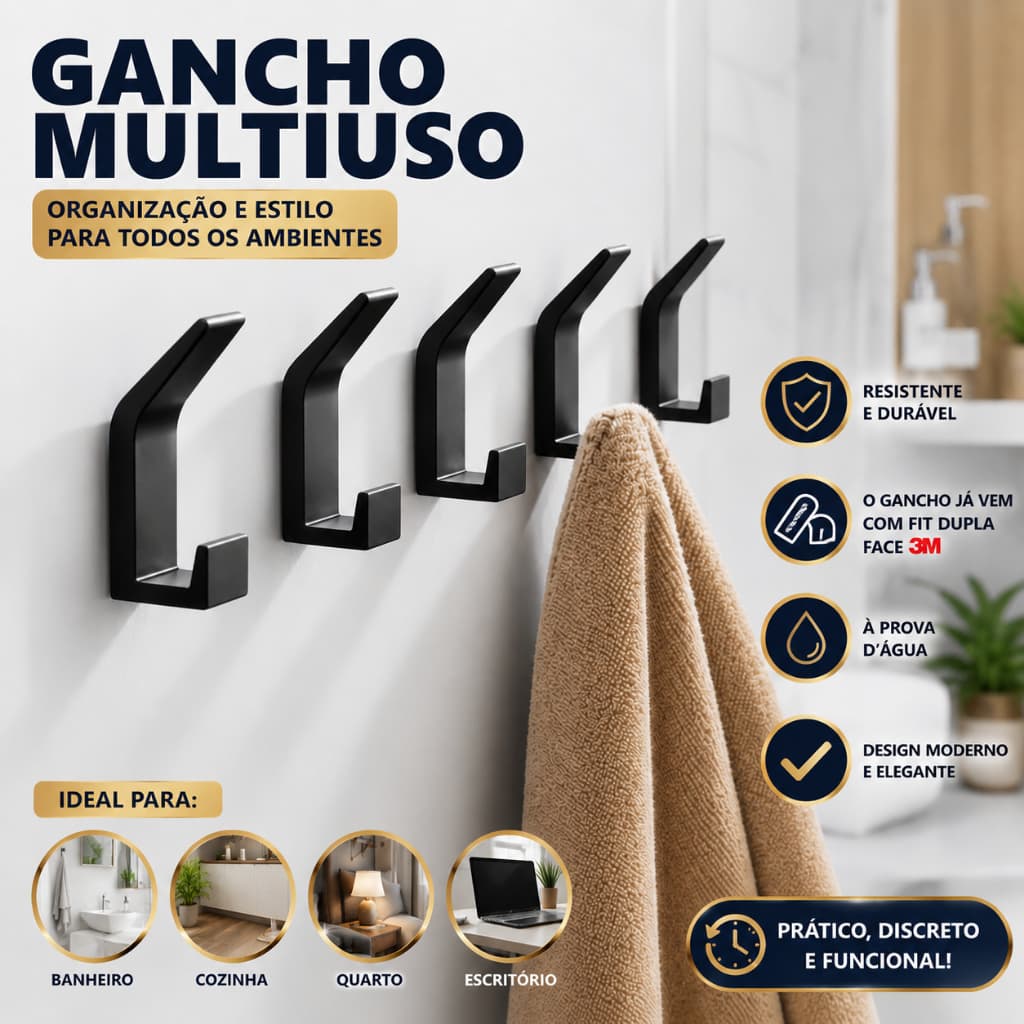 Kit 6 Cabide Gancho Suporte Toalheiro Multiuso de Parede Preto Adesivo Dupla face 3M Banheiro Cozinha Toalha Reforçado