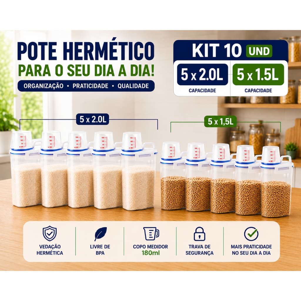 Kit 10 Potes Herméticos Multiuso 5x2L + 5x1,5L para Cozinha Lavanderia Ração Alimentos Vedação Total