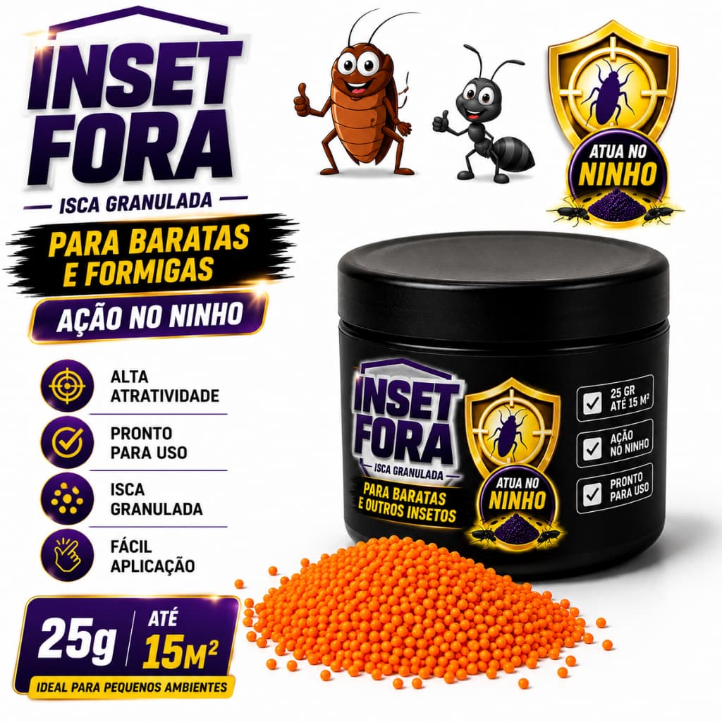 Isca para Barata e Formiga 25g Inset Fora Granulada Ação no Ninho Alta Atratividade Até 15m² IF-25