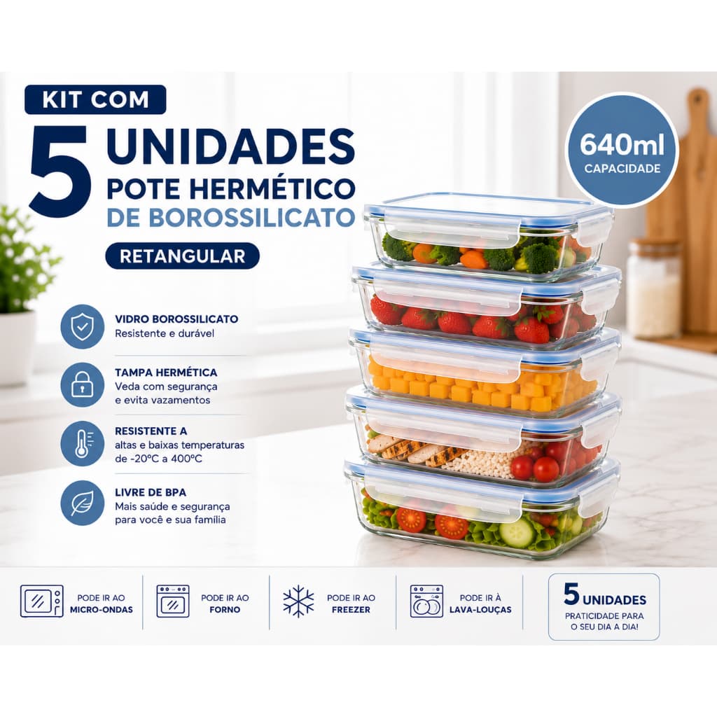 Kit 5 Potes Hermético Vidro  4 Travas Marmita Armazenamento De Alimentos Cozinha Microondas