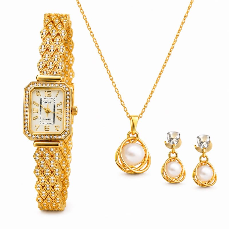 Kit Relógio Feminino Dourado Luxo Strass junto com Colar Brinco Pérola Presente Elegante Quartz