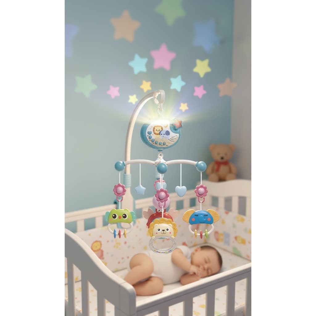 Mobile Musical Berço Bebe Projetor Teto Giratório 360 Luz Estrelas Controle Remoto Azul
