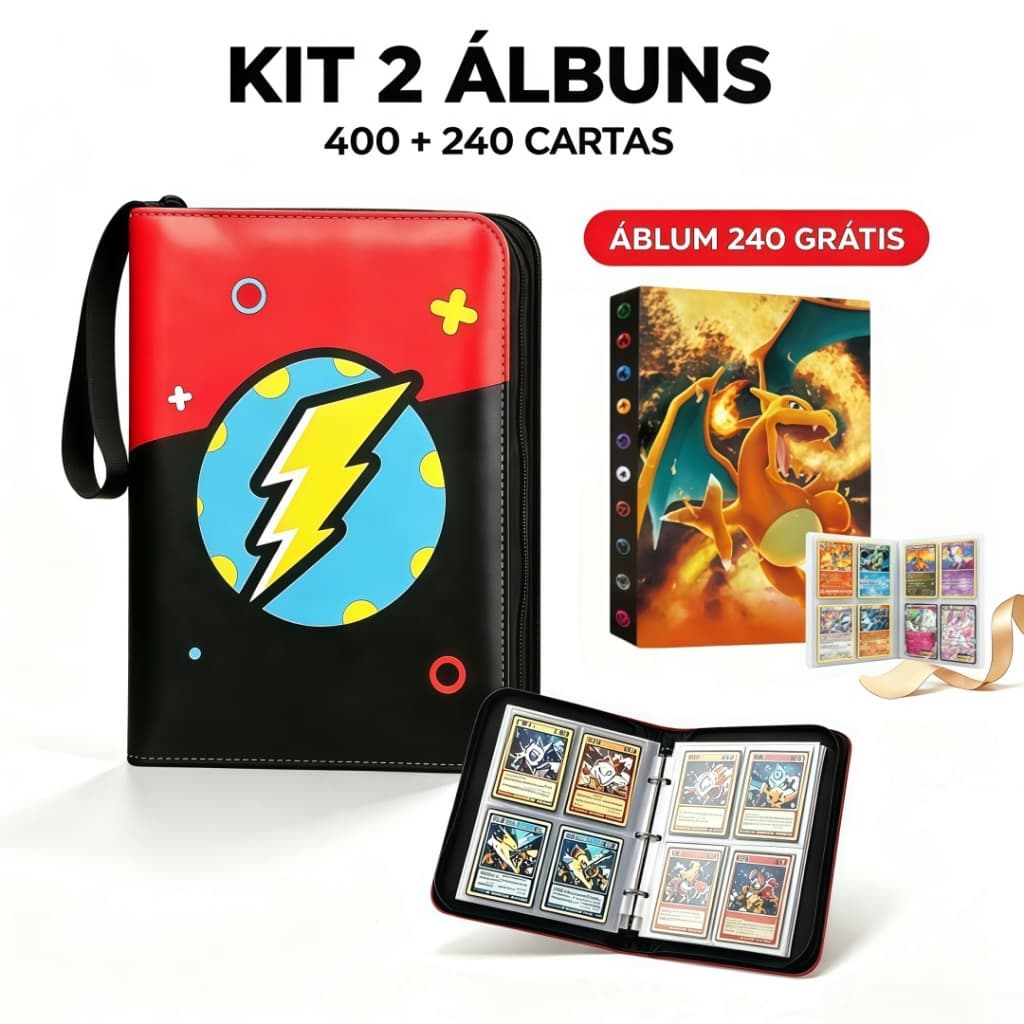 Kit Fichário Pokémon TCG 400Cartas+Álbum Charizard 240 Cartas Grátis Porta Cards Zíper ProntaEntrega