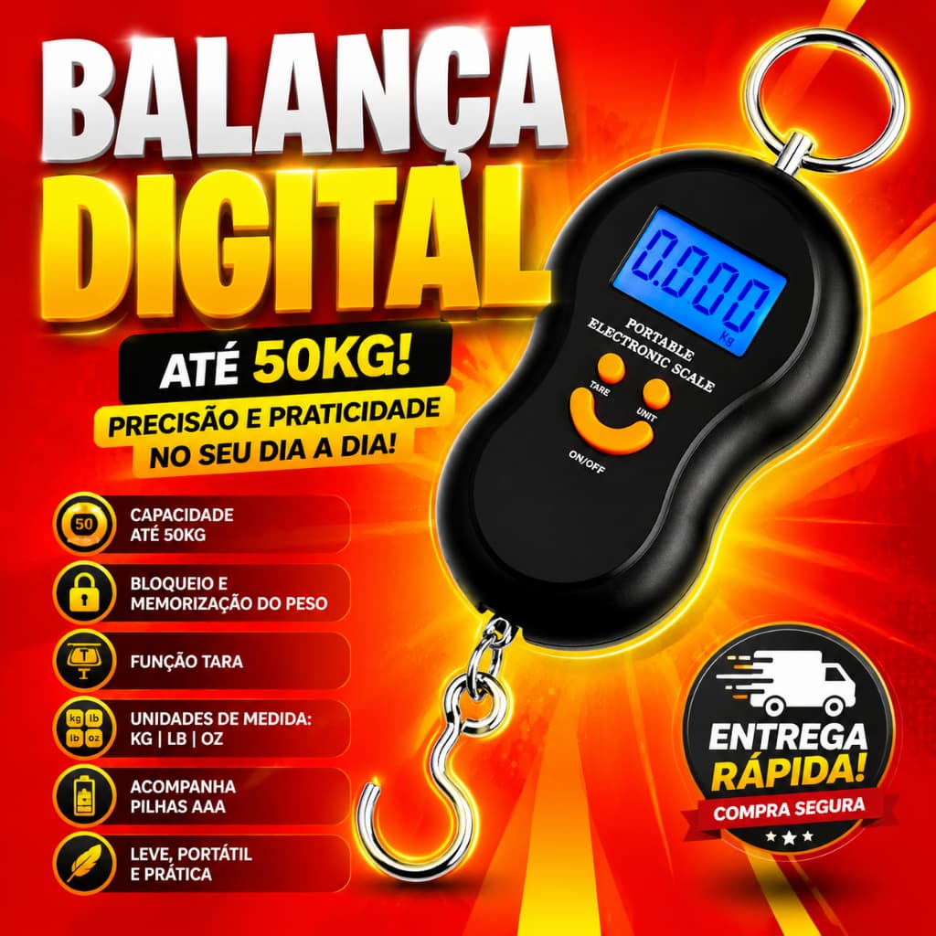 Balança Digital Portátil de Gancho até 50Kg – Ideal para Viagens, Pesca e Uso Diário