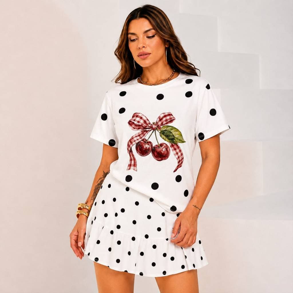 Camiseta Cereja Estampada Poa Bolinhas Premium  O Toque Fashion que Faltava no Seu Look