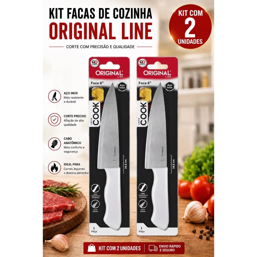 Kit 2 Facas de Cozinha 6” Aço Inox Chef Multiuso para Carnes, Legumes e Verduras