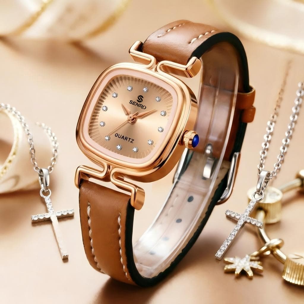 Relógio Feminino Elegante de Quartzo - Resistente à Água, Pulseira em Couro Legítimo, Caixa Metálica - Frete Grátis